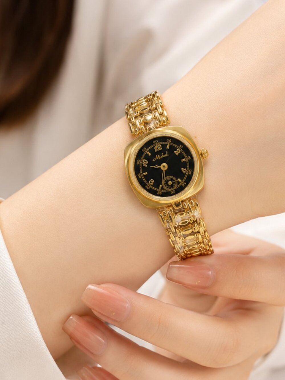 Mishali Gold Tone Women's Bracelet Watch Black Dial Elegant Dress Watch